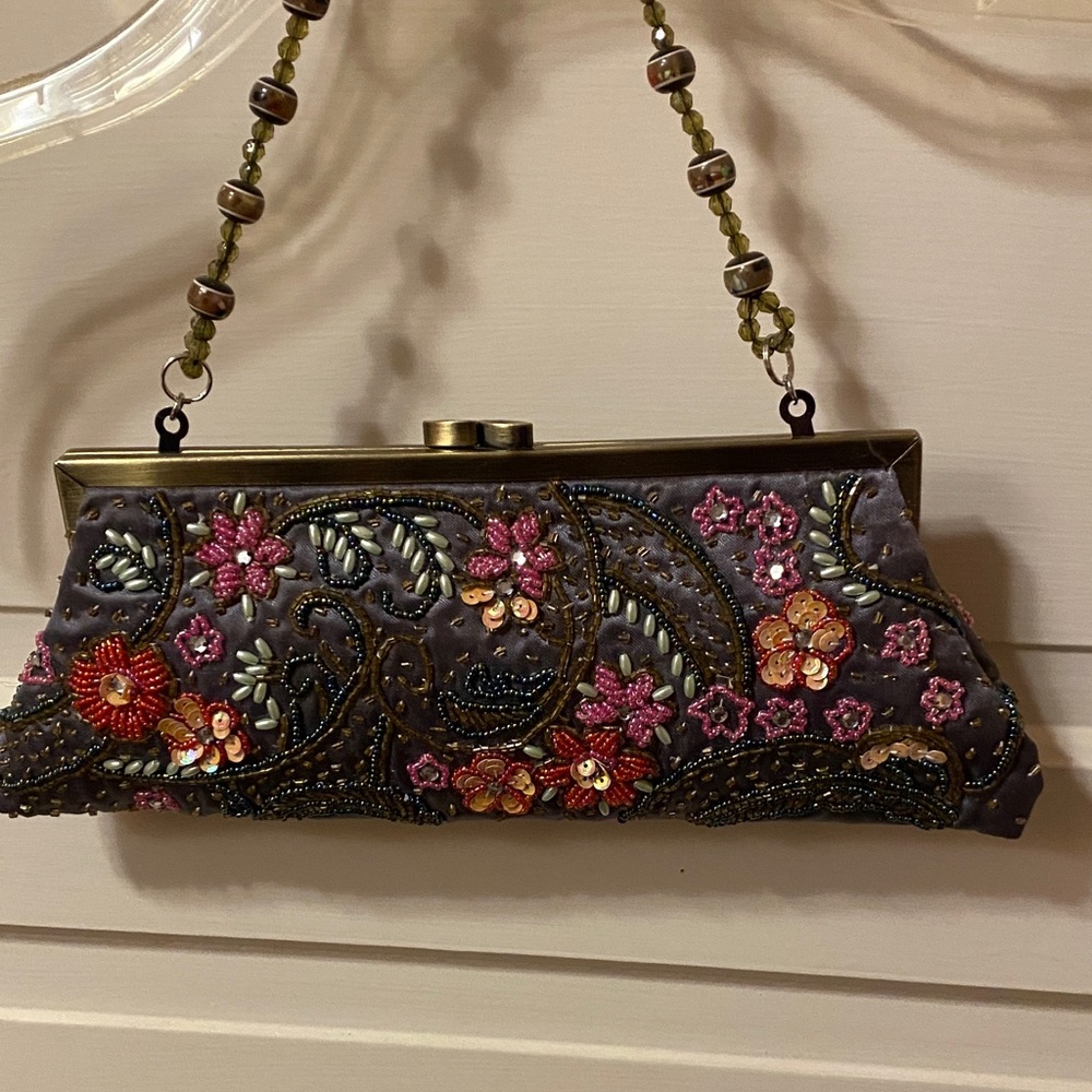 Embroidered Floral Clutch with Beaded Handle - Picture 2 of 5